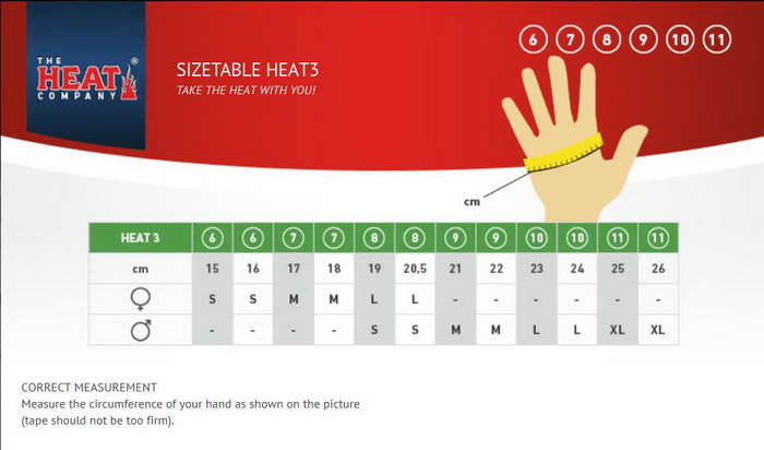 Heat 3 Smart Glove Metric Sizing Chart