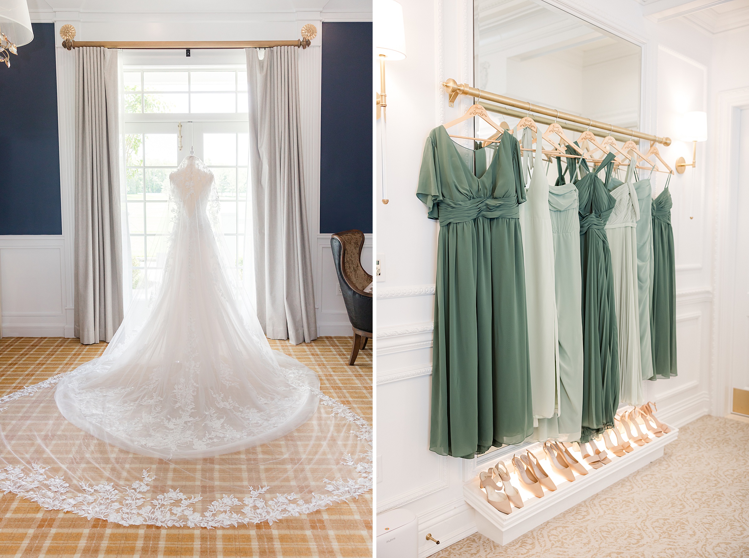 Bride and bridal party dresses for green motif