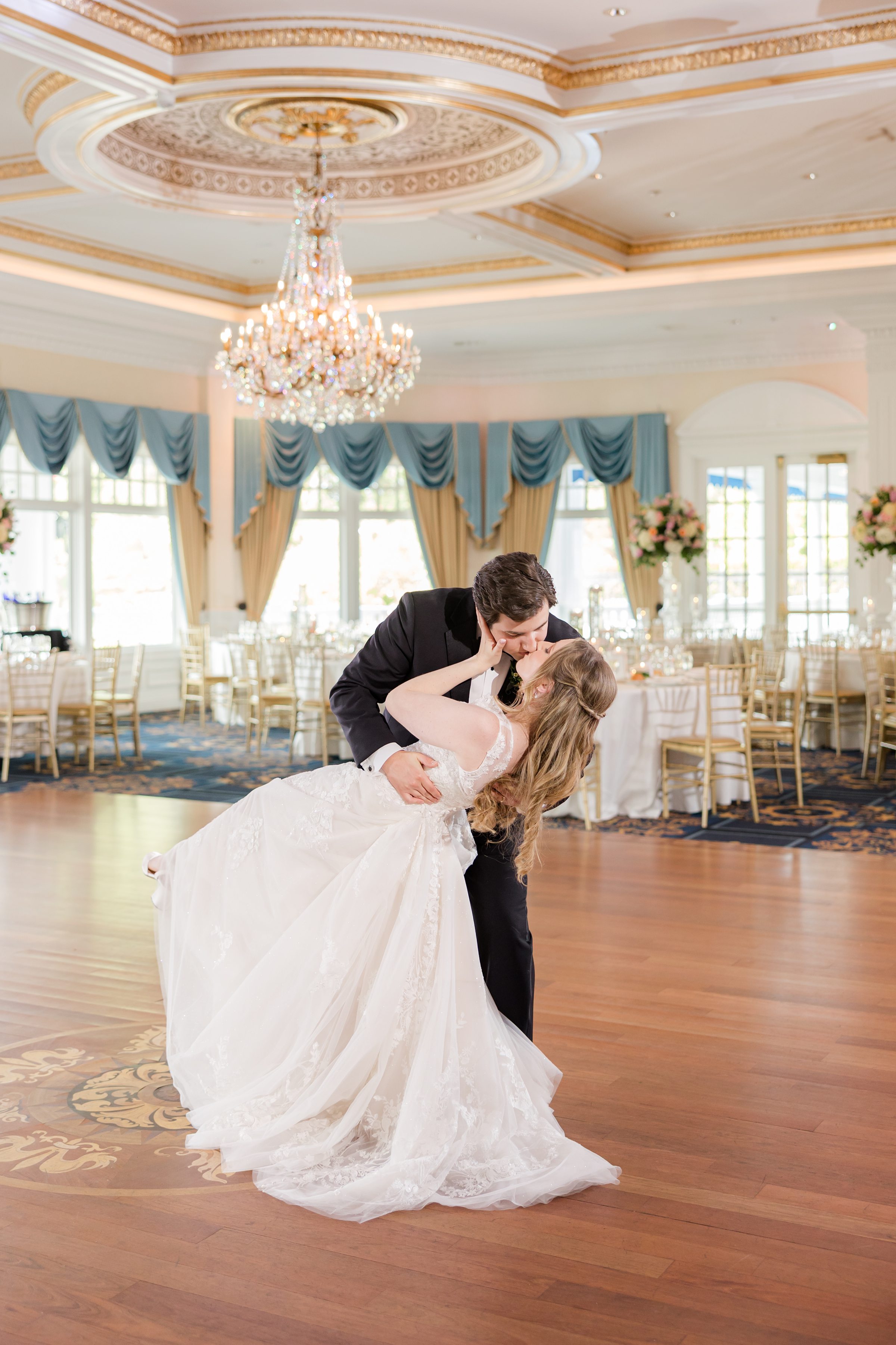 Bride and groom first dance rehearsal, dipping for a kiss