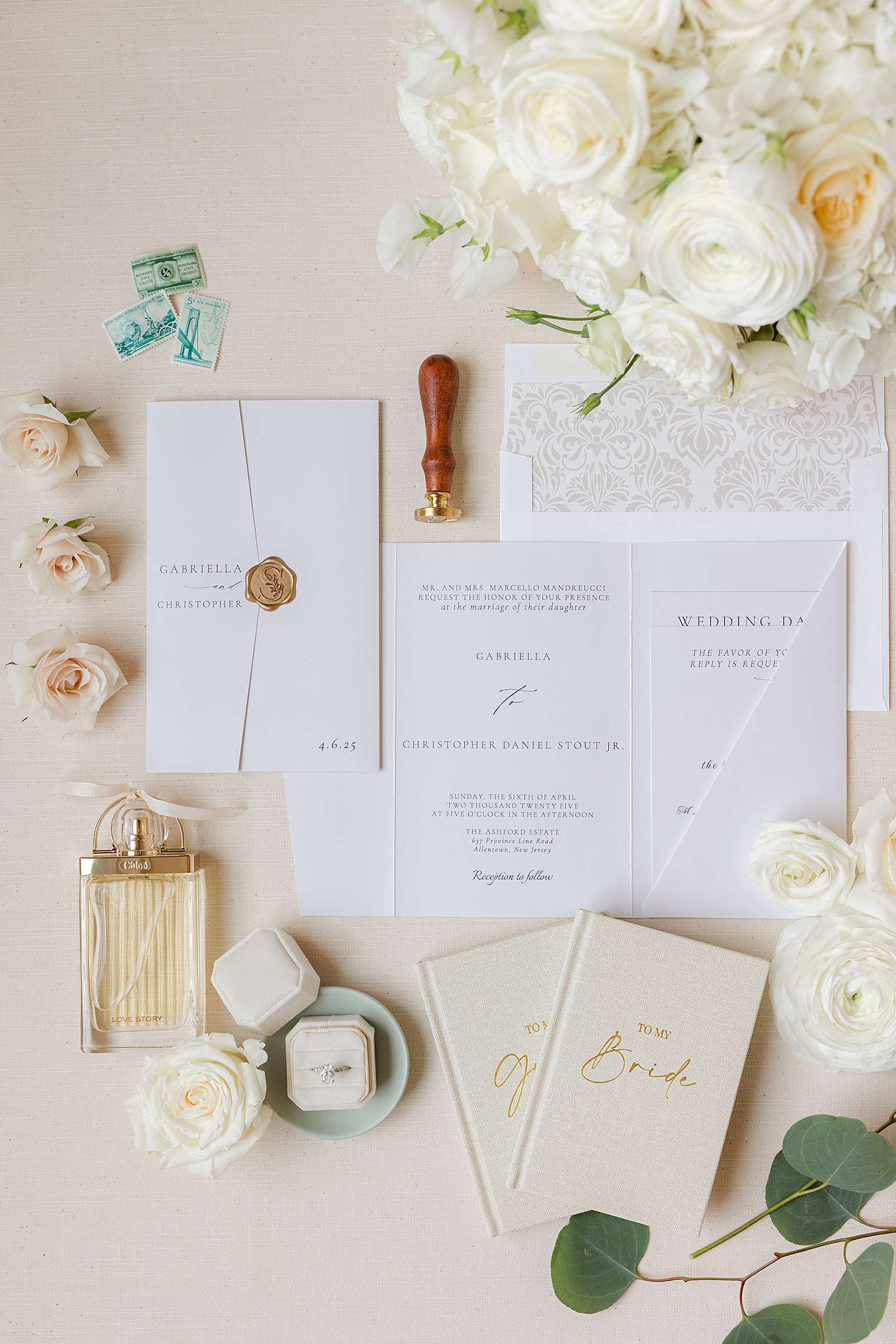 neutral wedding invitation from Truly Engaging and spring florals from Fioris Flowers