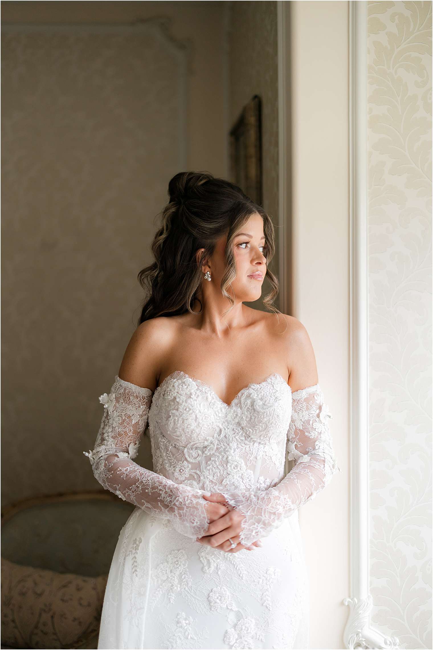 contemplative bride at Ashford Estate in Allentown NJ