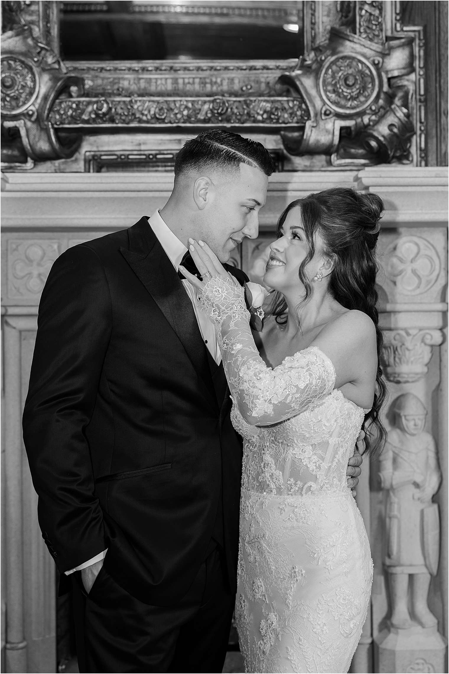 black and white photo of bride and groom at Ashford Estate in Allentown NJ