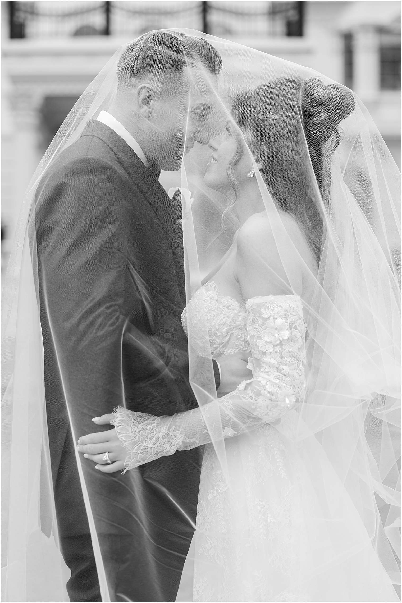 black and white wedding photo with veil at Ashford Estate in Allentown NJ